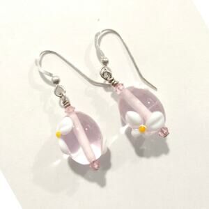 925 Sterling Silver Dangle Drop Earrings Pink Murano Glass White Flower Hook Lot